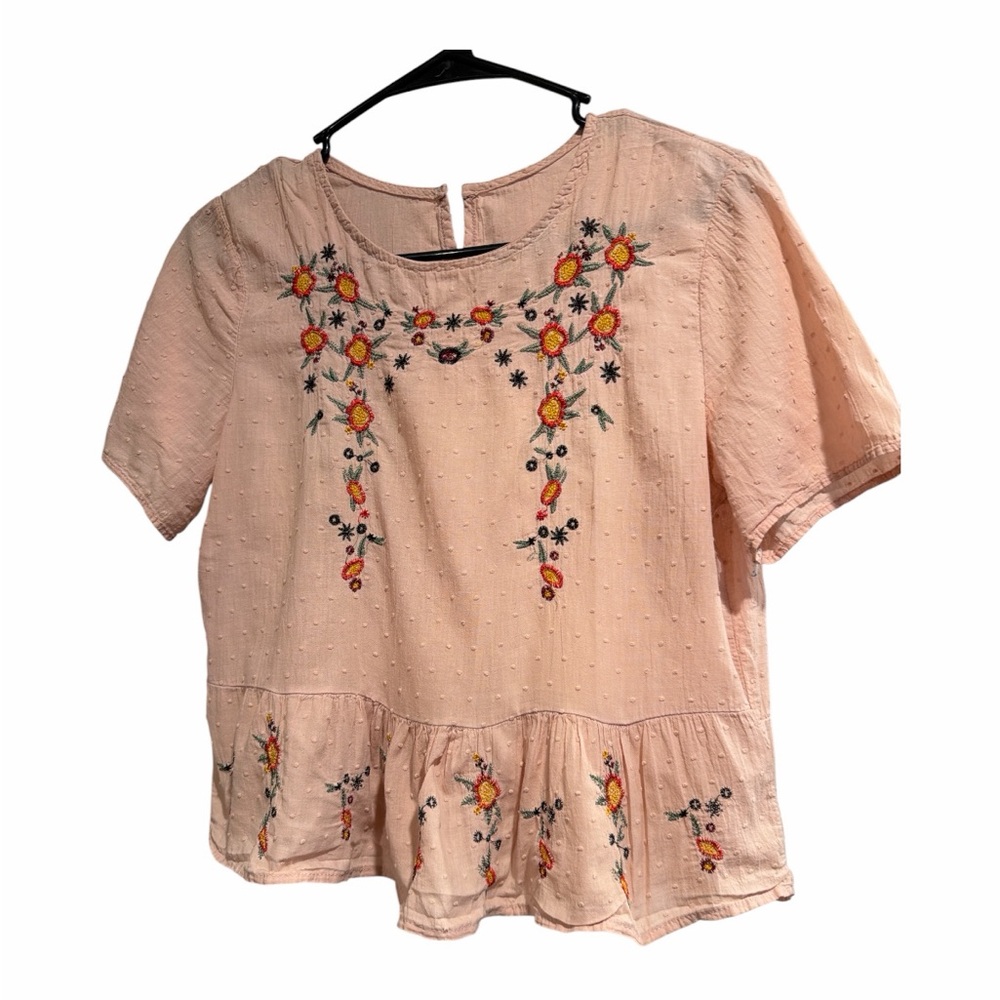 Peach Pink Swiss Dot Floral Embroidered Peplum Blouse Size L AS-IS